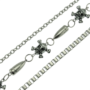 Multi-layer hip hop pants chain with punk skull and bullet pendants on white background