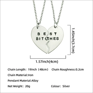 Silver split heart pendant necklaces with BEST BITCHES engraving and size measurements