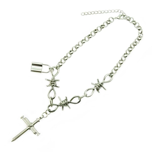 Silver punk cross pendant necklace with barbed wire links and small padlock detail