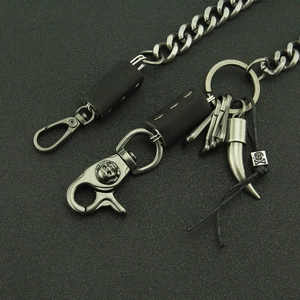 Punk hip hop skull wallet chain with silver metal links, leather trim and gothic charms