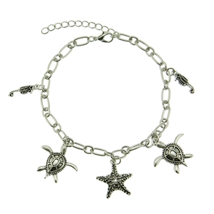 Vintage silver sea turtle starfish and seahorse charm bracelet with adjustable chain link