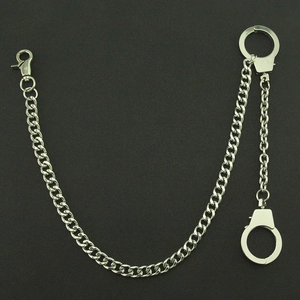 Silver punk pants chain with handcuff charms and lobster clasp for streetwear style