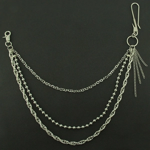 Three-layer silver metal hip-hop pants chain with carabiner clips on black background