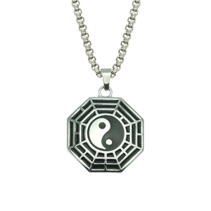 Vintage Chinese Style Yin Yang Tai Chi Bagua Pendant Necklace Religious Taoism Compass Jewelry For Men Women Silver Iron Alloy Chain