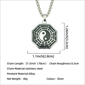 Detailed size chart for Yin Yang Bagua pendant with stainless steel chain measurements