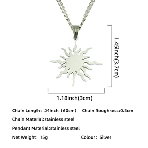 Polished stainless steel sun pendant necklace for men with 60cm chain and size details