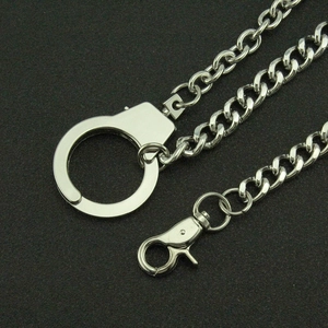 Polished silver metal wallet chain with handcuffs pendant and lobster clasp for jeans