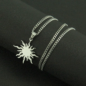 Polished stainless steel sunburst pendant necklace with irregular flame pattern for men