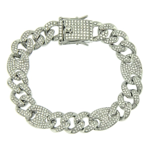 Detail of silver plated iced out Cuban chain bracelet with rhinestone pavé pig nose clasp