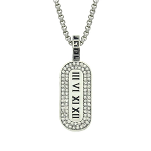 Minimalist stainless steel rectangular pendant necklace with Roman numerals and cubic zirconia