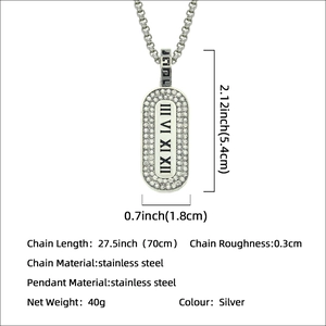 Silver stainless steel roman numeral pendant necklace with dimensions and box chain