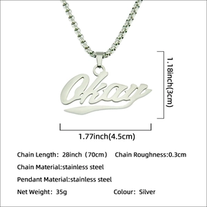 Collana con pendente lettera Okay in acciaio inossidabile argento con catena 70cm