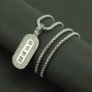 Silver Roman numeral pendant necklace with pavé cubic zirconia and steel chain