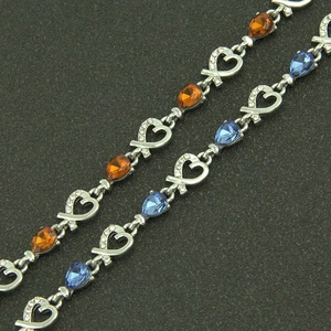 Hohlherz Silberarmband mit orangefarbenen und blauen Tropfen-Strasssteinen Damen
