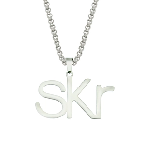 Polished silver SKr letter pendant necklace with a round link chain for men and women
