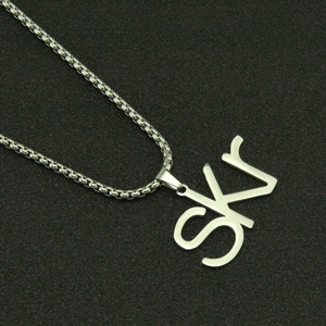 Polished silver SKR letter pendant necklace with stainless steel box chain for men and women