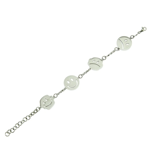 Silver stainless steel bracelet with laser-cut smiley and sad face charms on white background