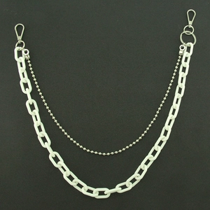 Close-up of double-layered white acrylic link chain and metal bead chain with lobster clasp