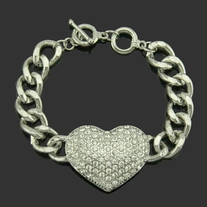 Bracelet Maillon Cubain en Alliage Cœur Strass Avec Fermoir Cabillot Couleur Argent Bijoux Hip Hop pour Hommes Femmes