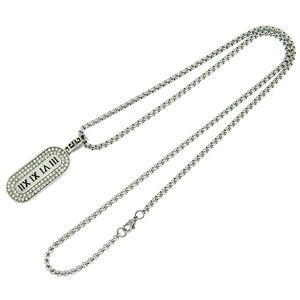 Roman numeral dog tag necklace with crystals on silver-tone stainless steel box chain