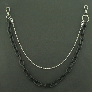 Double-layered waist chain featuring black resin links and silver metal bead string details