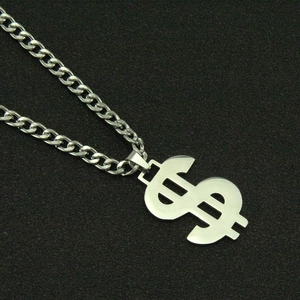 Polished stainless steel dollar sign pendant necklace with cuban link chain for hip hop style