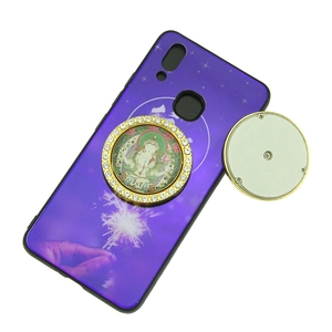 Rotating Buddhist amulet phone case with crystal rhinestones and purple gradient artwork