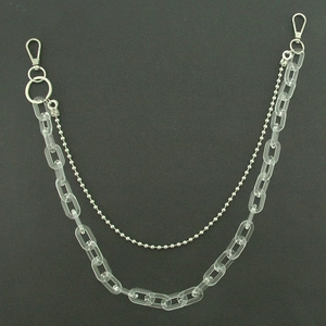 Close-up of double-layer waist chain with clear acrylic rings and silver ball chain detail