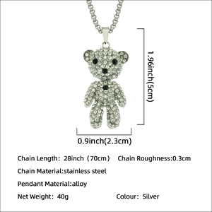 Collier avec pendentif d'ours en peluche strass sur longue chaîne en acier inoxydable