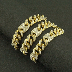 Three-layered gold-plated hip-hop Cuban link necklaces with rhinestone coffee bean clasps
