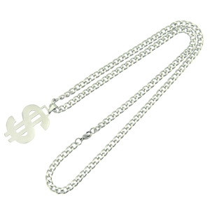 Polished silver stainless steel dollar sign pendant on a chunky cuban link chain necklace