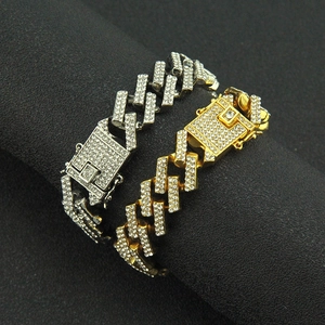 Bracelet cubain Miami de 15 mm pour homme avec cristaux sertis en or et en argent