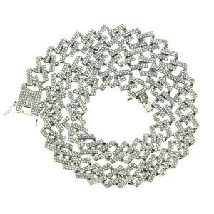 Hip hop style silver Cuban link chain necklace with sparkling crystals 15mm width