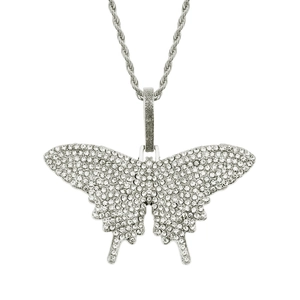 Detail of hip hop butterfly pendant with pave set rhinestones and twisted rope chain