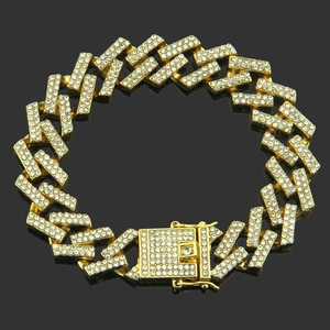 Bracelet Hip Hop 15mm en or avec diamants pavés et maillons punk de forme losange