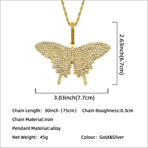 Hip hop butterfly pendant necklace in gold finish with iced out rhinestones for men
