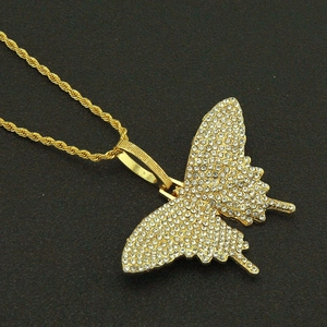 Men's hip hop gold butterfly pendant necklace with iced out rhinestones and rope chain