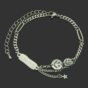 Cuban link bracelet with smiley face charms, star pendant and I BELIEVE engraving