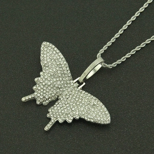 Hip hop butterfly pendant necklace with sparkly rhinestones on a silver twist rope chain