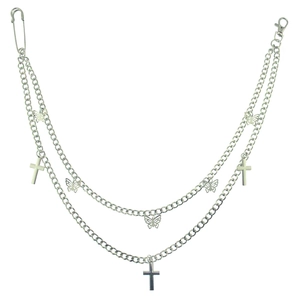 Double Layer Silver Metal Pants Chain Butterfly Cross Pendant Punk Hip Hop Waist Chain For Jeans Accessory Decoration
