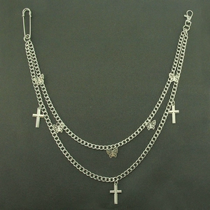 Double-layered silver metal pant chain with butterfly charms and cross pendants