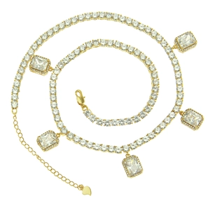 Hip hop tennis chain necklace with gold finish and rectangular emerald-cut zircon stones