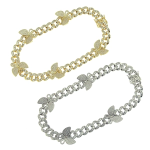 Chaîne cubaine 13mm hip hop avec breloques papillon en zircone, finitions or et argent