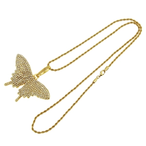 Men's hip hop gold butterfly pendant necklace with iced-out crystals on a rope chain