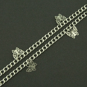 Silver metal pants chain with butterfly charms for hip-hop streetwear style