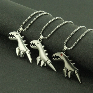 Colliers pendentifs dinosaure mécanique en argent et noir avec chaîne à billes
