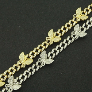 Collier cubain papillon glacé avec zircons micro-pavés en finitions dorée et argentée
