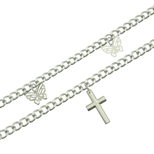 Double-layer silver chain belt with hollow butterflies and a cross pendant for hip-hop style