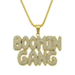 Hip Hop Iced Out BOOMIN GANG Letter Pendant Necklace For Men Gold Plated Alloy Rhinestone Pave Box Chain Jewelry Gift