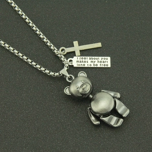 Hip-hop style movable robot bear and cross pendant on box chain necklace